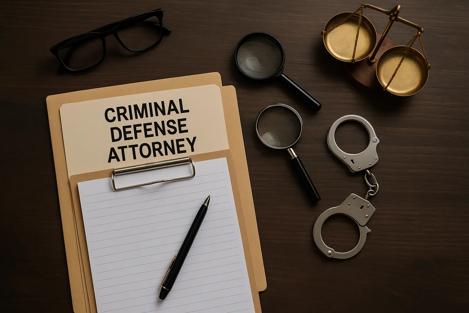 Overhead view of a criminal defense attorney’s desk with legal scales, magnifying glass, documents, and handcuffs arranged on a dark wood surface.
