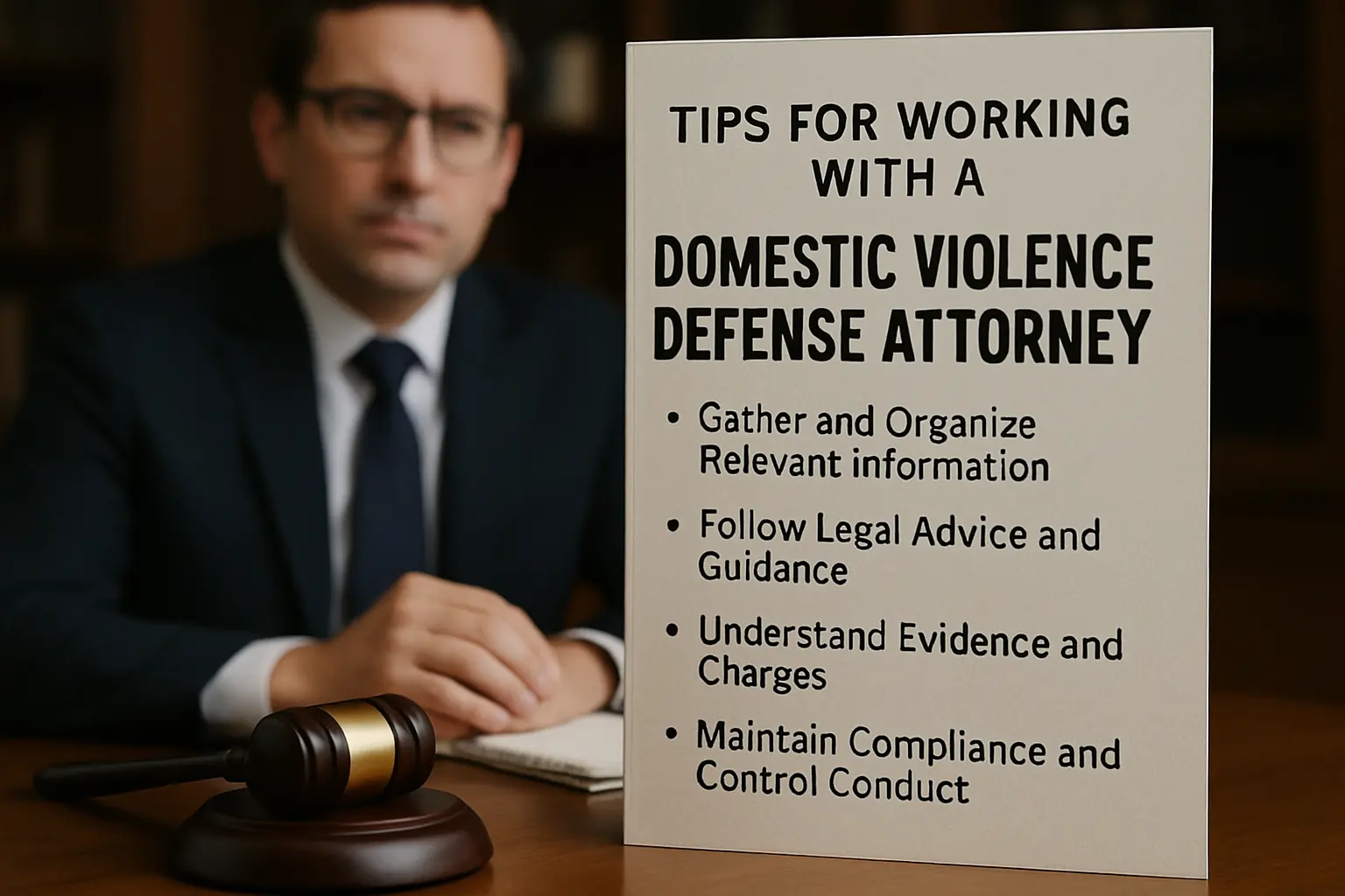 Domestic violence defense attorney reviewing legal strategy and case preparation in office setting.