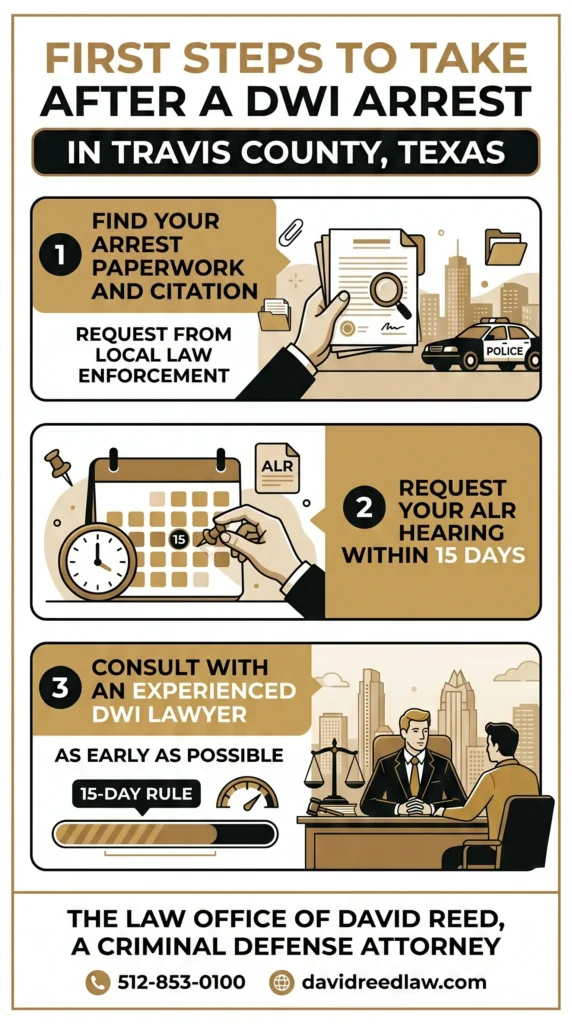 Infographic titled First Steps to Take After a DWI Arrest in Travis County, Texas. A vertical, alternating 3-step guide for The Law Office of David Reed. Step 1 shows finding arrest paperwork with a local police car graphic. Step 2 shows a calendar and clock for requesting an ALR hearing within 15 days. Step 3 shows a legal consultation with an experienced Austin DWI lawyer against the city skyline.
